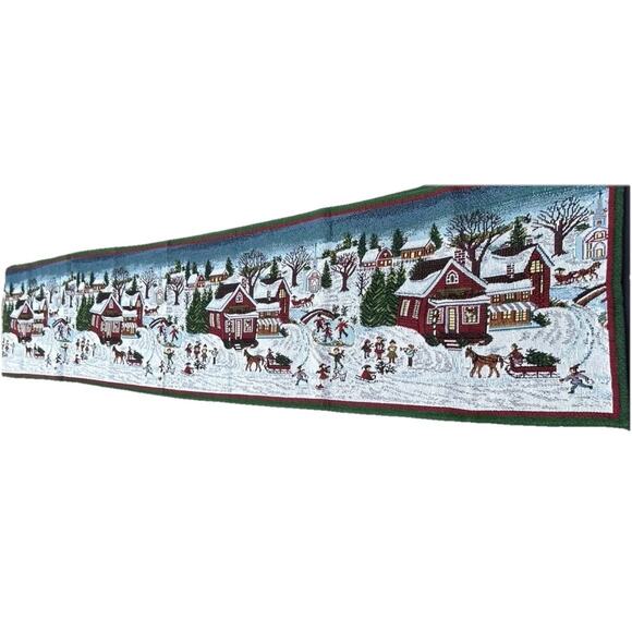 Christmas Victorian Village Snow Horse Buggy Ice-Skating Table Runner 13 x 69 - Picture 1 of 4